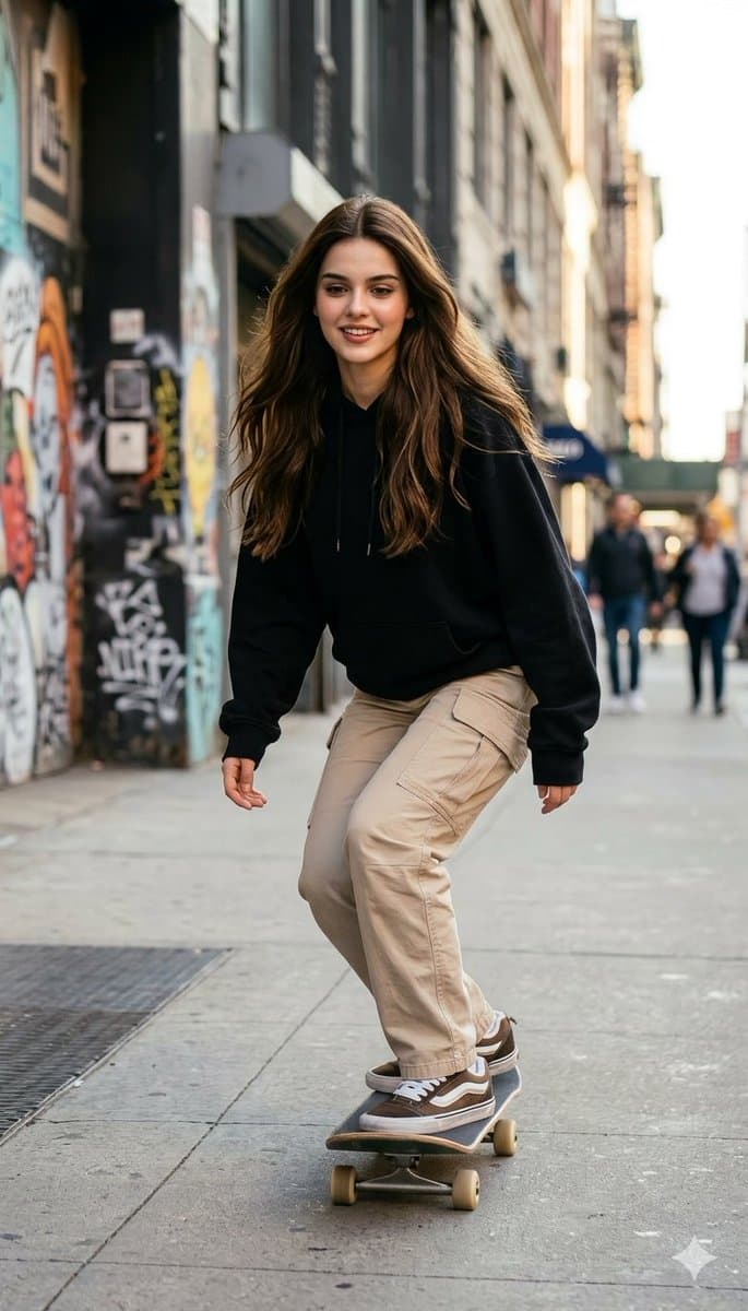 Young Woman Skateboarding in City Street