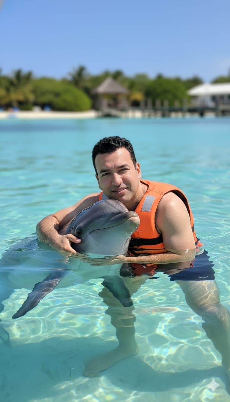 Man and Dolphin in Turquoise Water