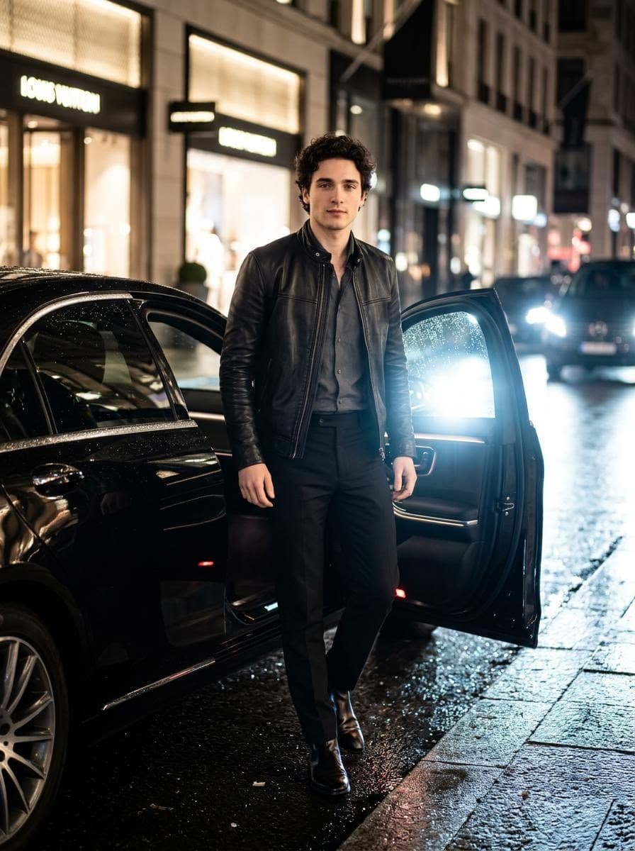 Cinematic Night Car Exit with Luxury Fashion