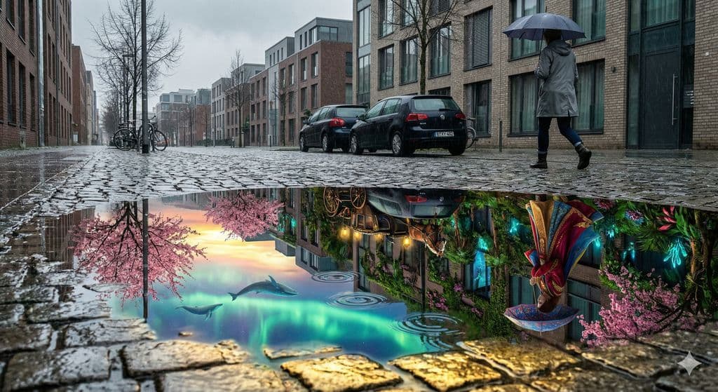 Street Puddle Reflects Parallel Fantasy World