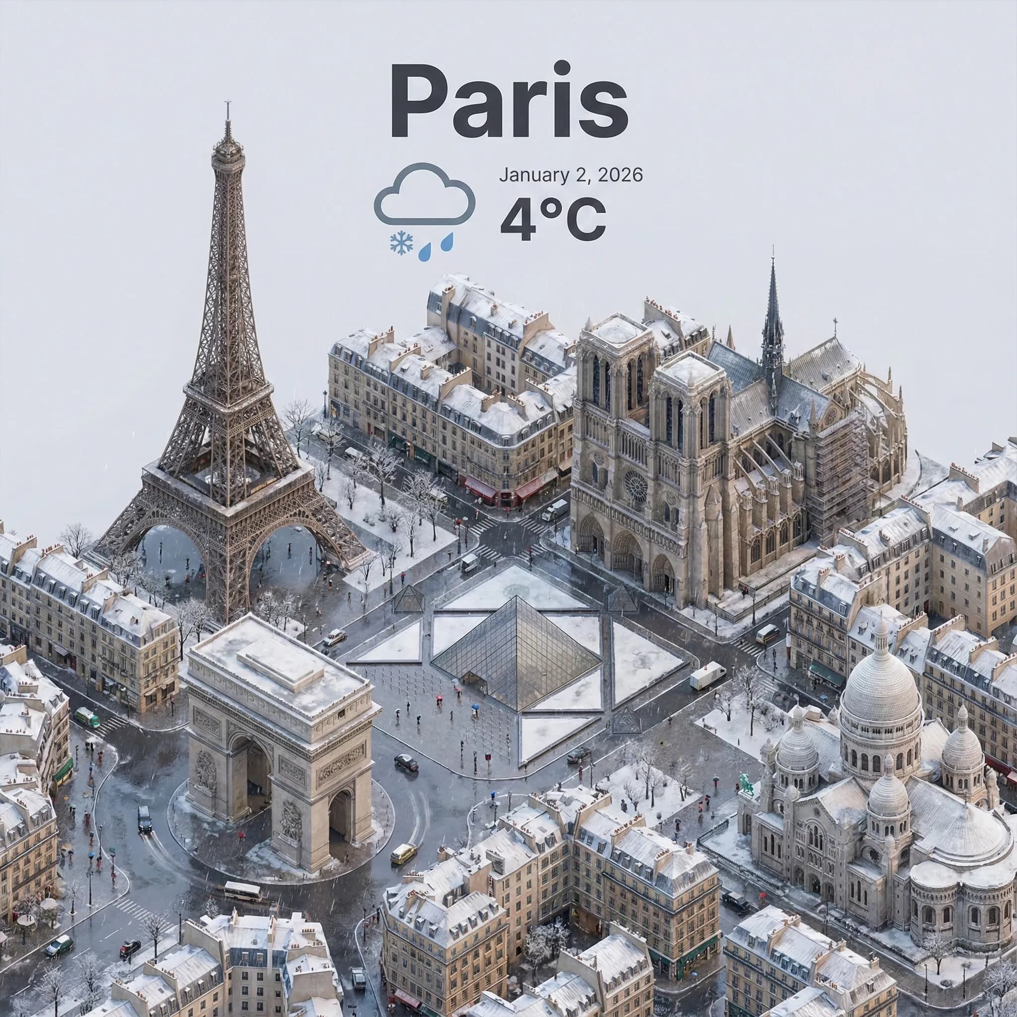 Isometric 3D Cartoon City with Weather Overlay