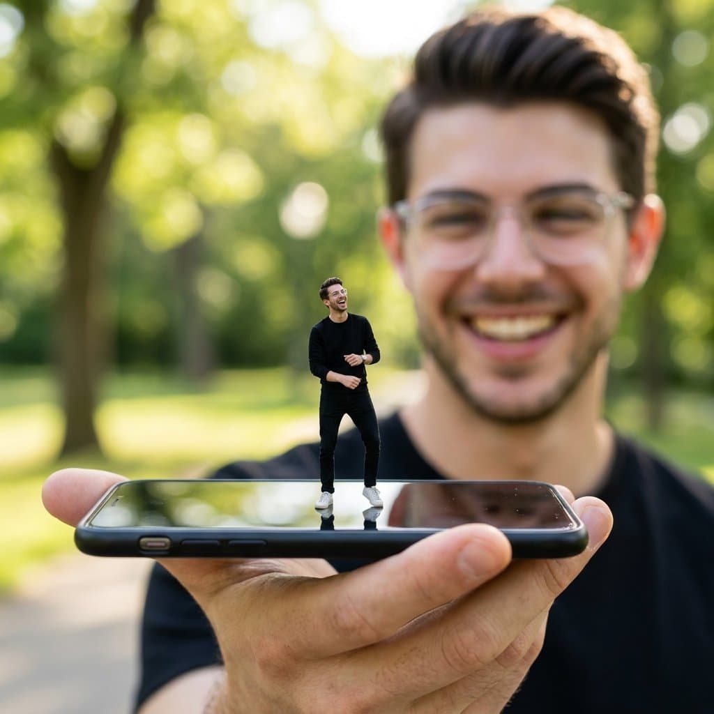 Man holding smartphone with miniature self dancing on screen