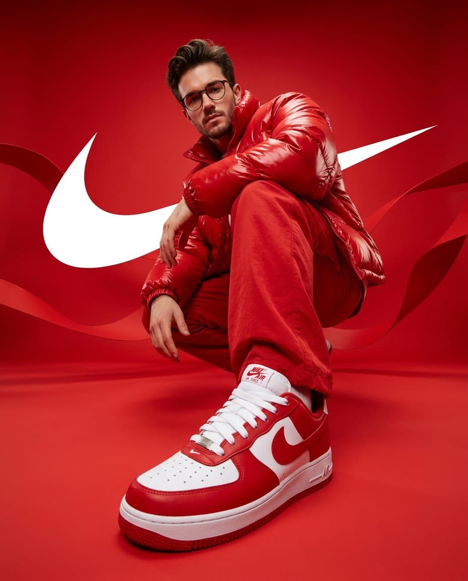 Man in Red Puffer Jacket, Streetwear Campaign Style