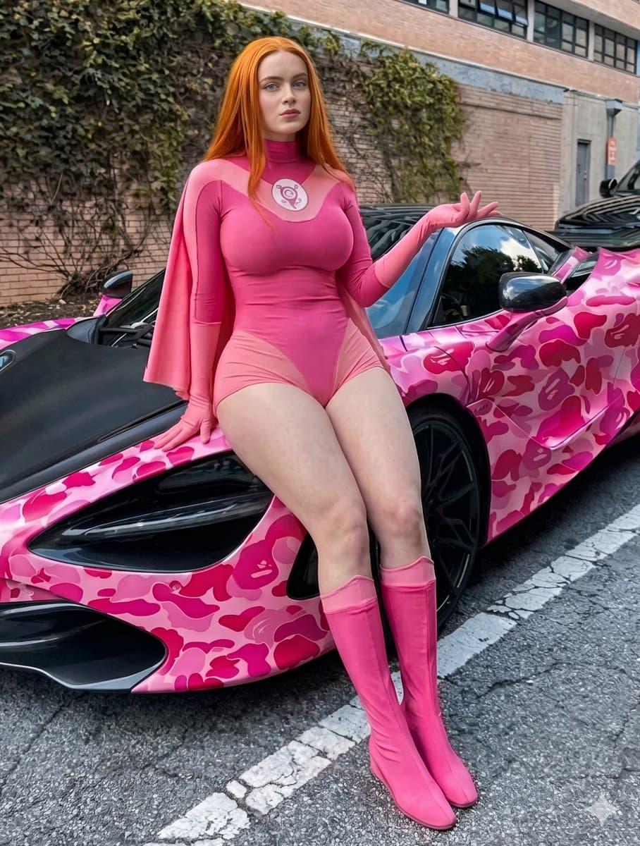Woman in Pink Superhero Suit with Sports Car