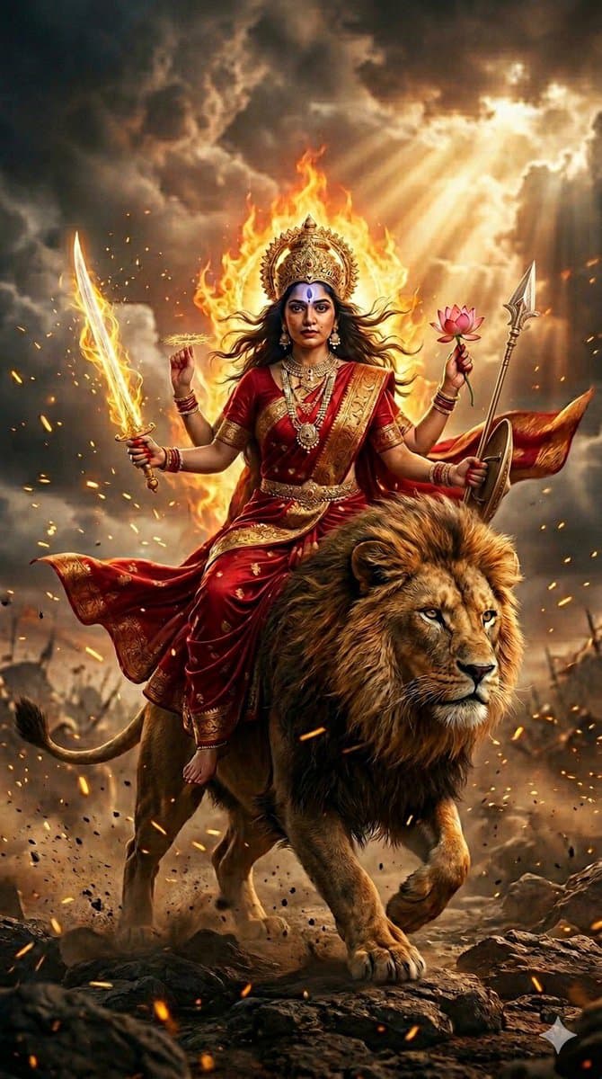 Katyayani: Fierce Warrior Goddess on Lion, Cinematic Realism