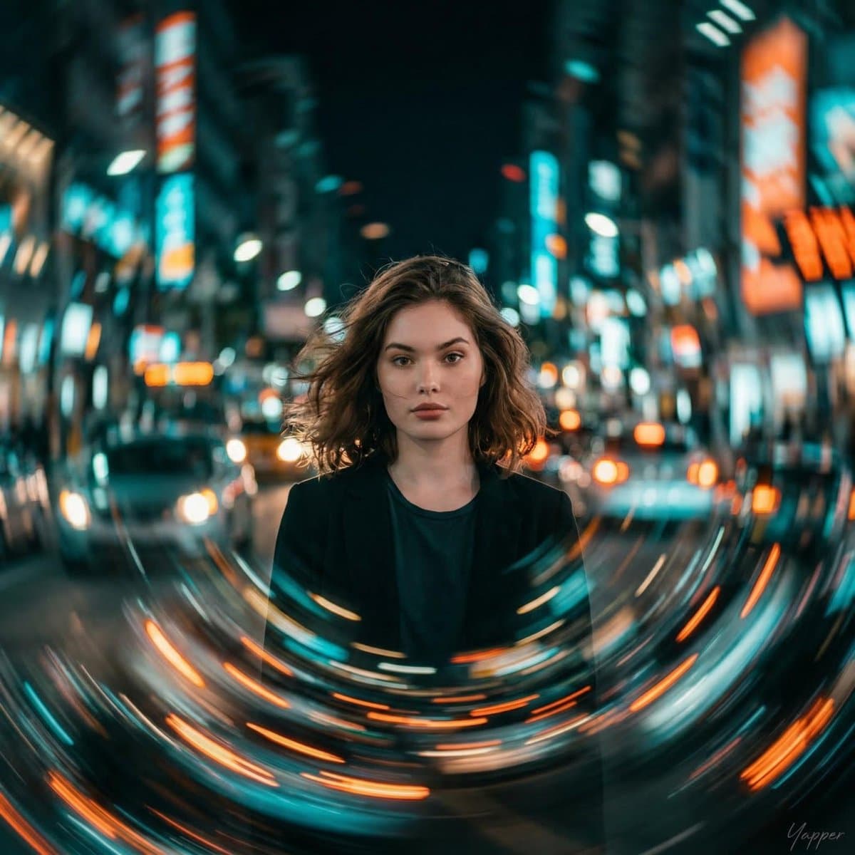 Cinematic Portrait with Spiraling City Motion Blur