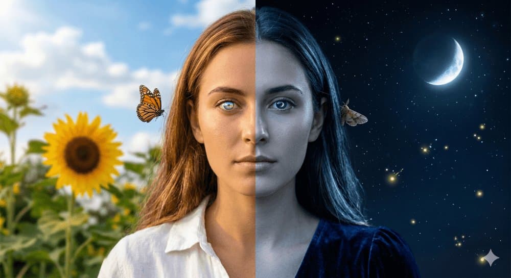 Day and Night Split Portrait of a Young Woman