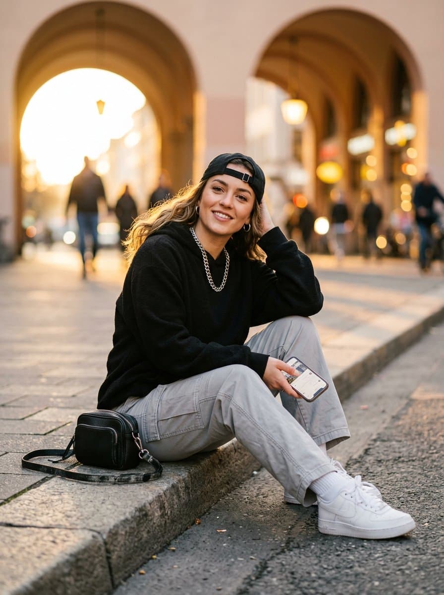 Morning Street Fashion: Woman on City Sidewalk
