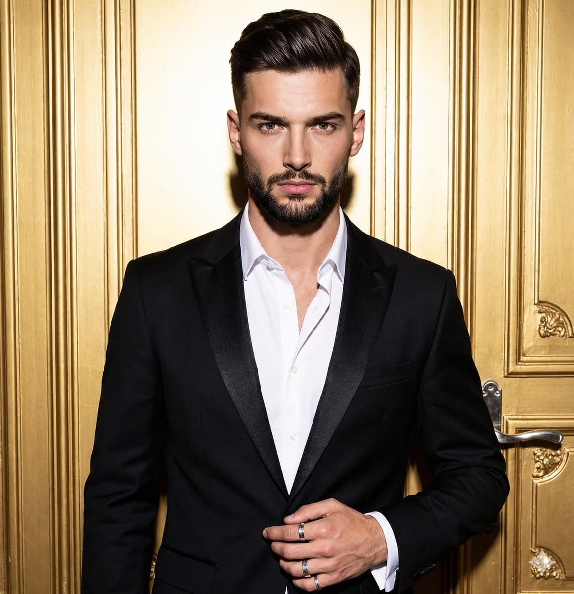 Editorial Portrait of a Man in Tuxedo with Gold Background