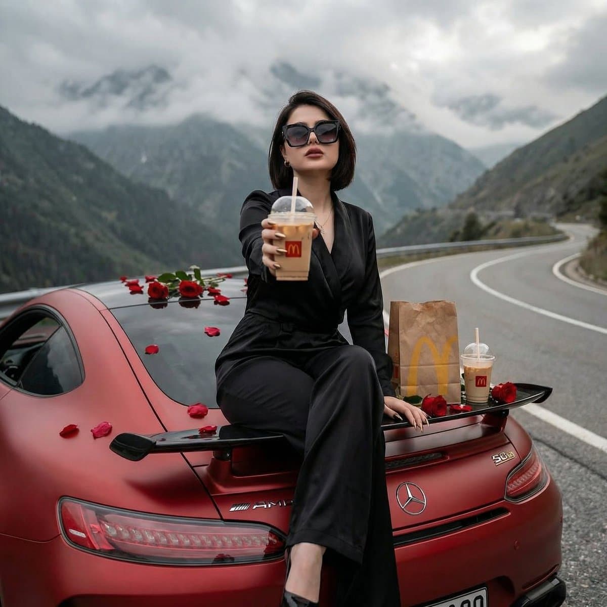Woman on Sports Car with McDonald's and Roses