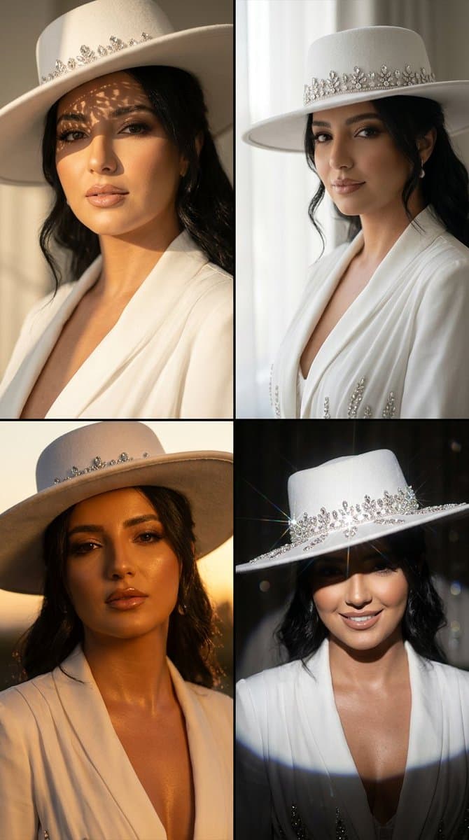Luxury Hat Campaign: White Outfit 2x2 Editorial Grid