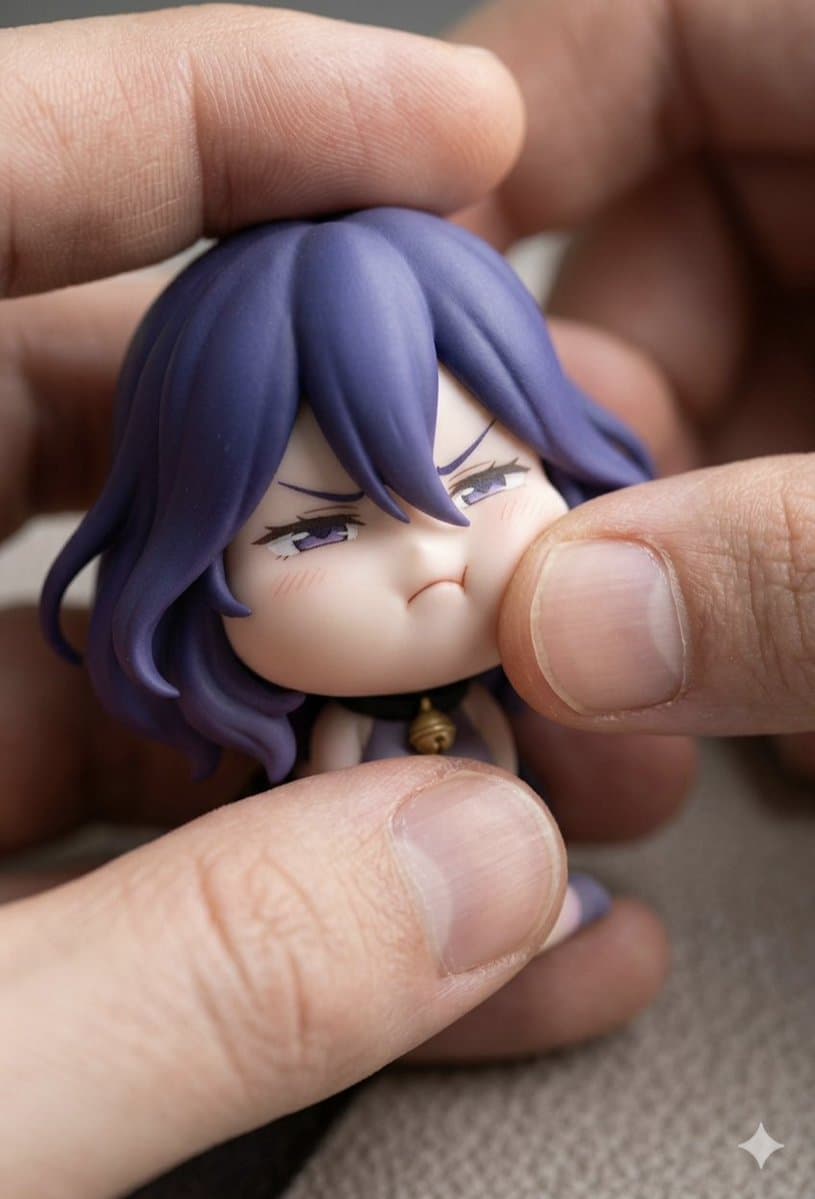 Chibi Anime Figurine in Hand, Grumpy Expression
