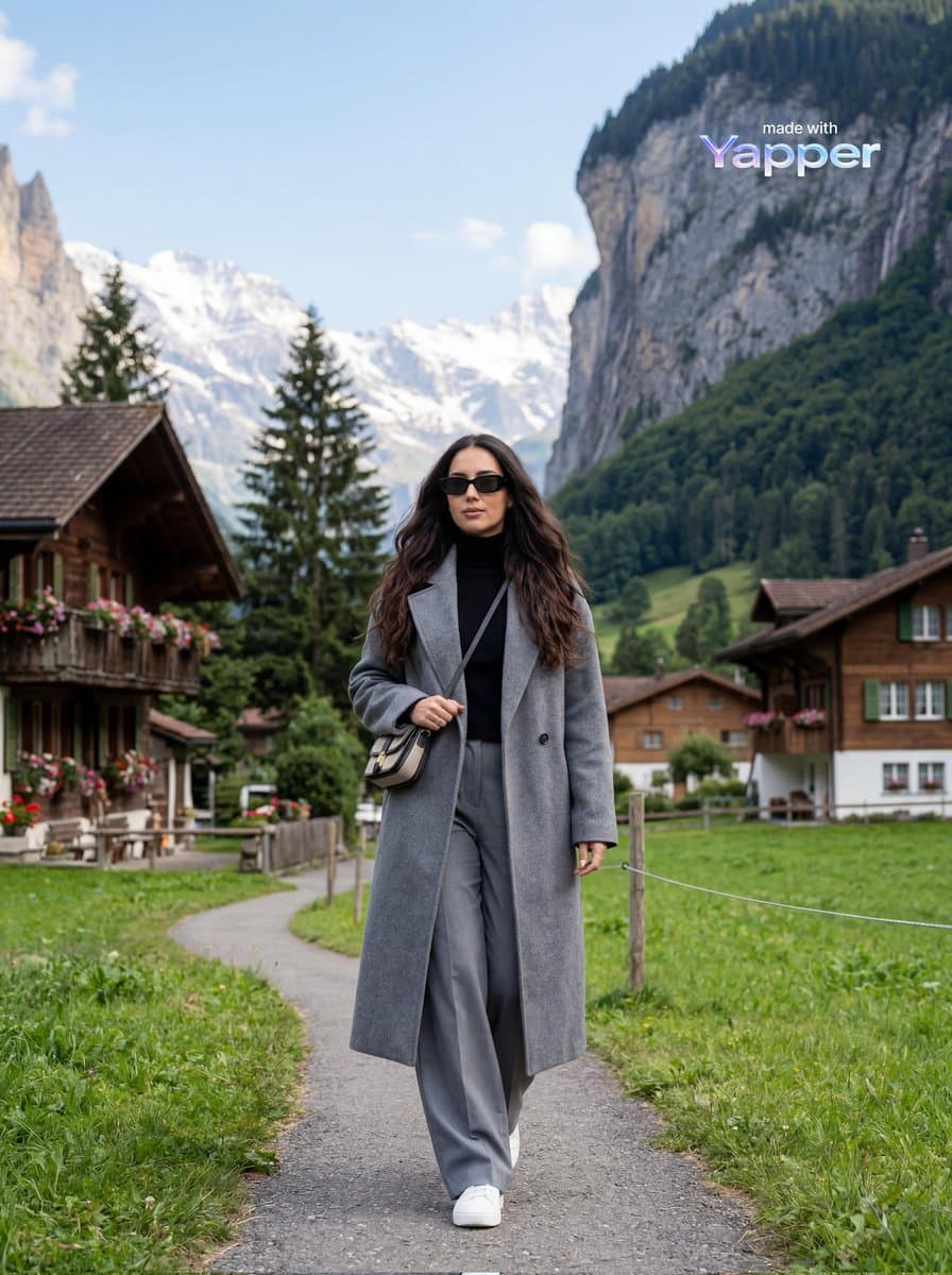 Fashionable Traveler in Swiss Alpine Village