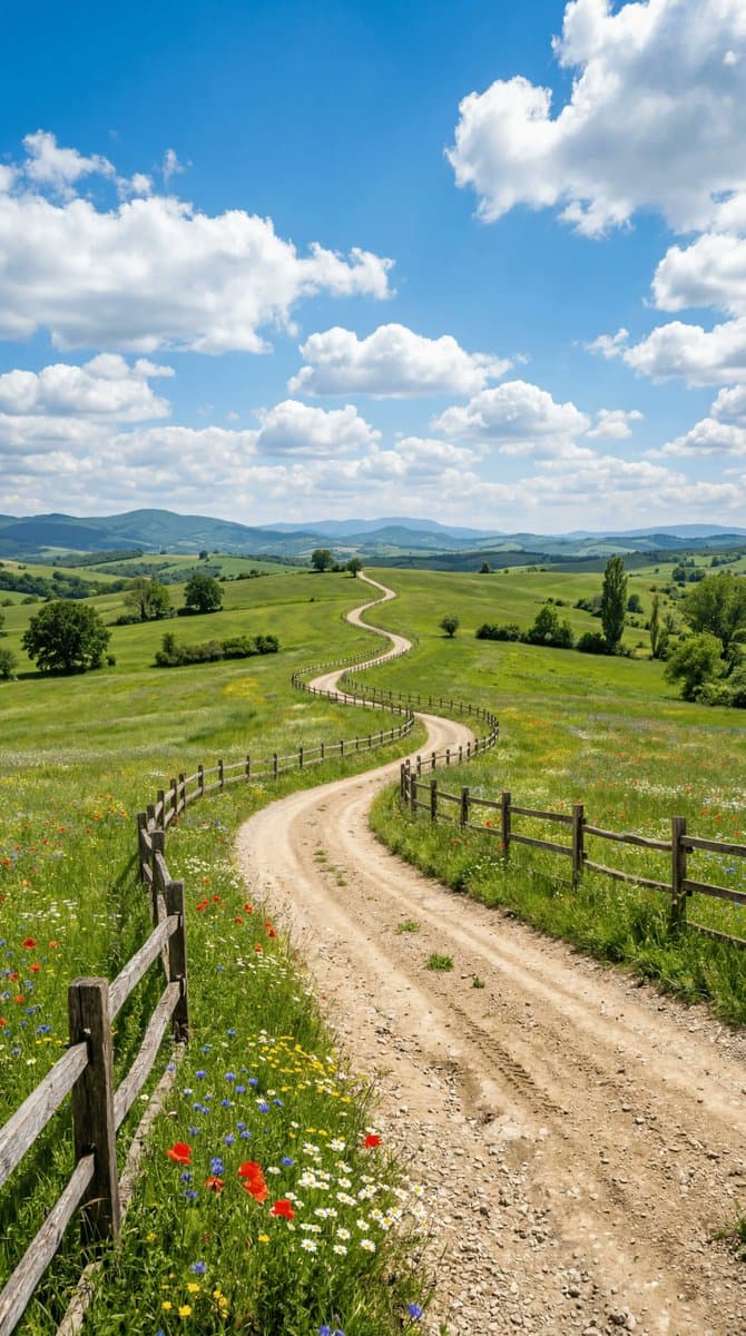Sun-Baked Dirt Road Through Lush Green Pastures