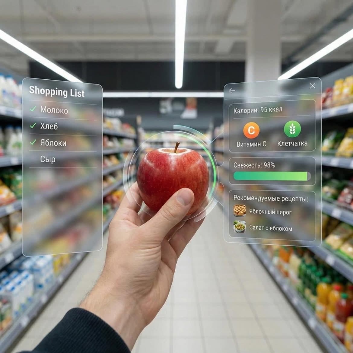 Dessert (AR shopping UI)
POV shot inside a modern supermark