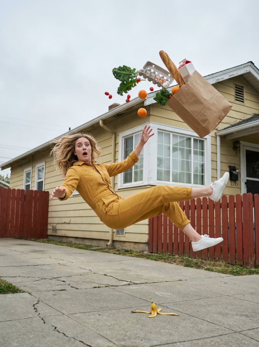 Woman Falling with Exploding Groceries, Cinematic