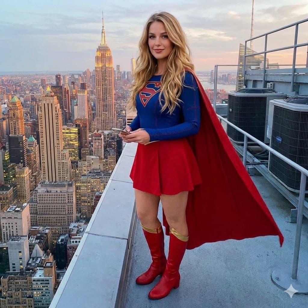 Supergirl on NYC Skyscraper Rooftop at Dusk