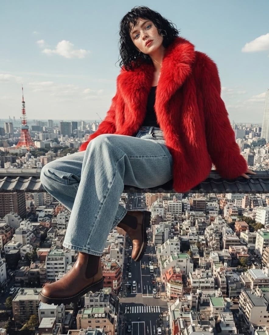 Stylish Woman on Rooftop Overlooking City