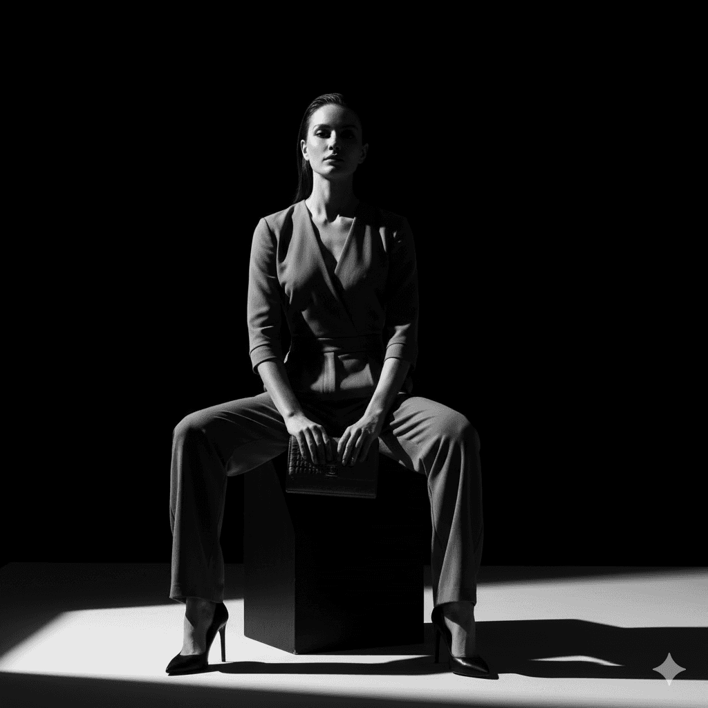 High-contrast black-and-white studio portrait