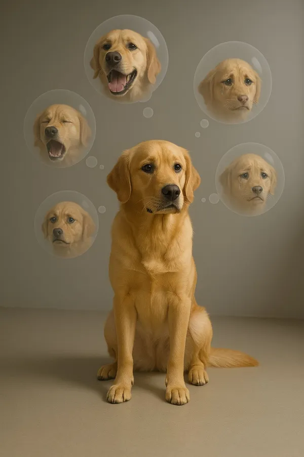 Psychological Self-Portrait with Floating Thought Bubbles