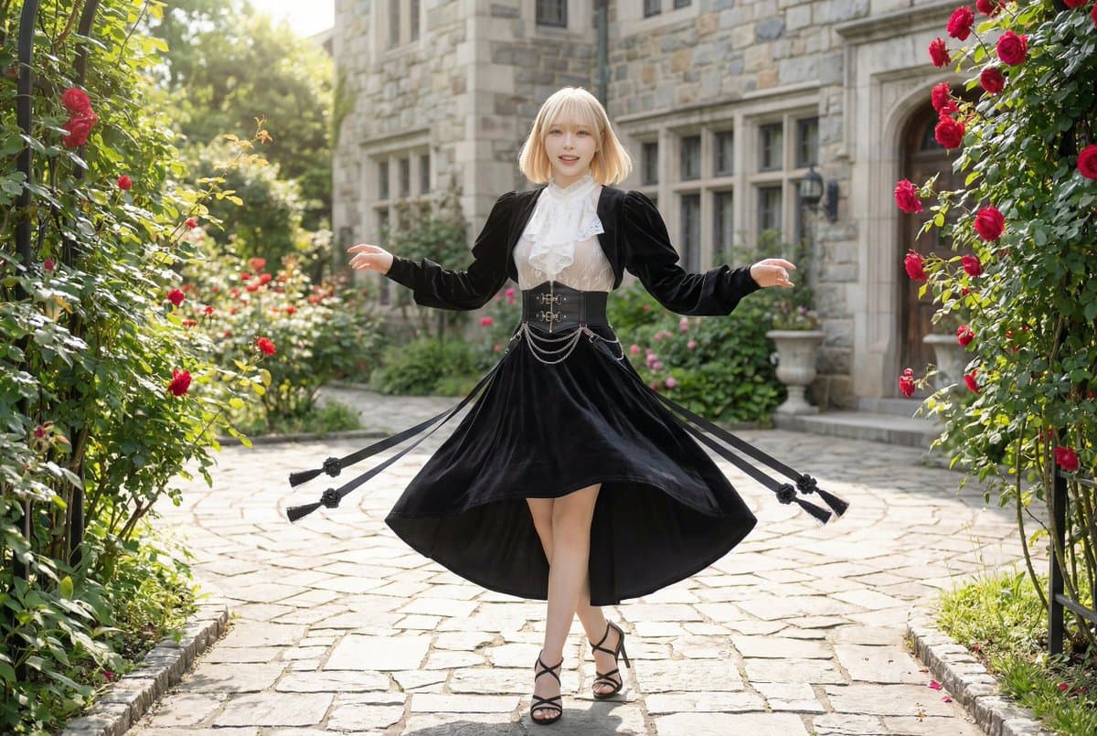 Model in Velvet Skirt in Mansion Garden