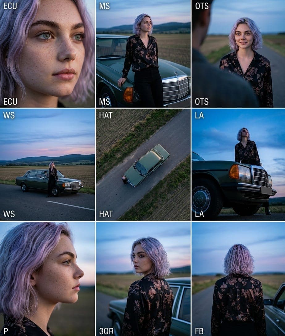 Cinematic 3x3 Grid of Woman at Dusk, Multiple Angles