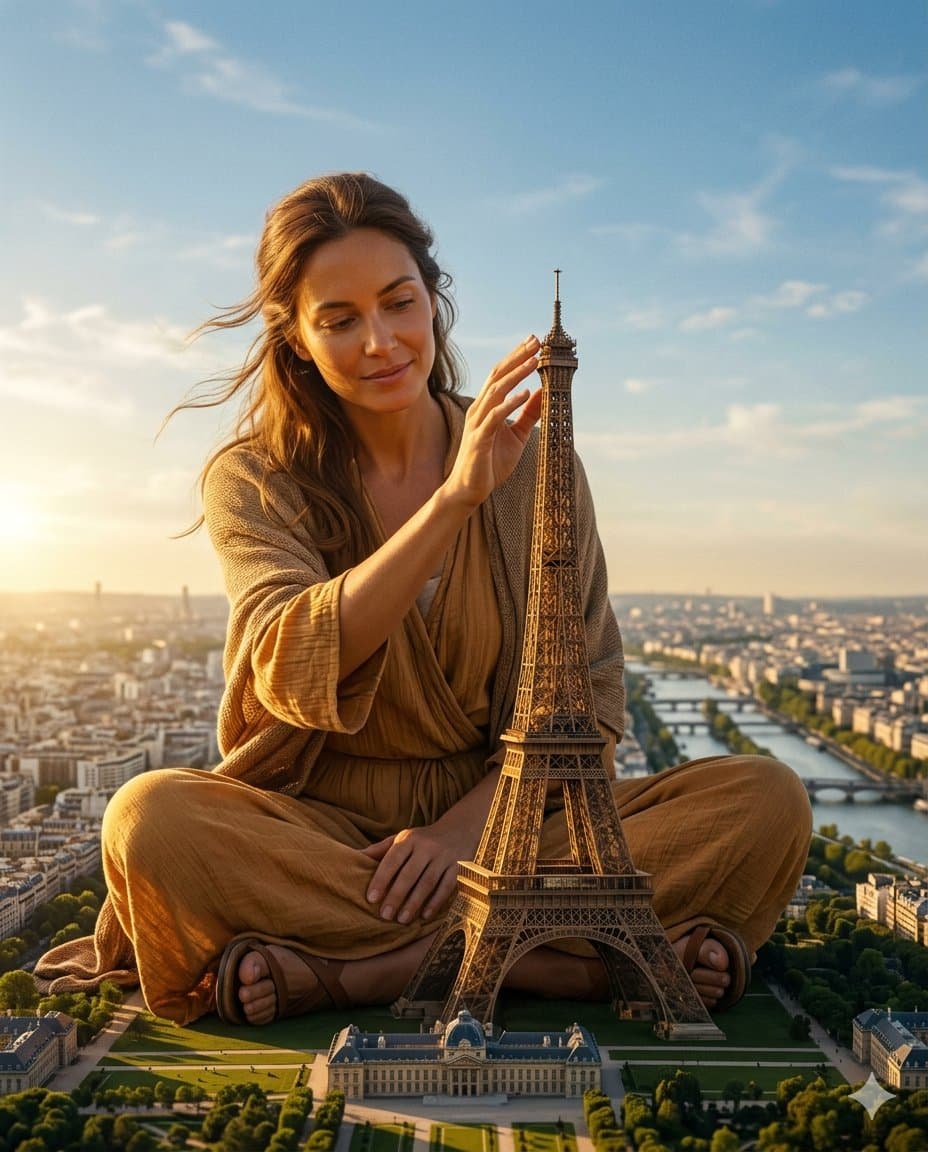 Giant Woman Caressing Eiffel Tower at Golden Hour