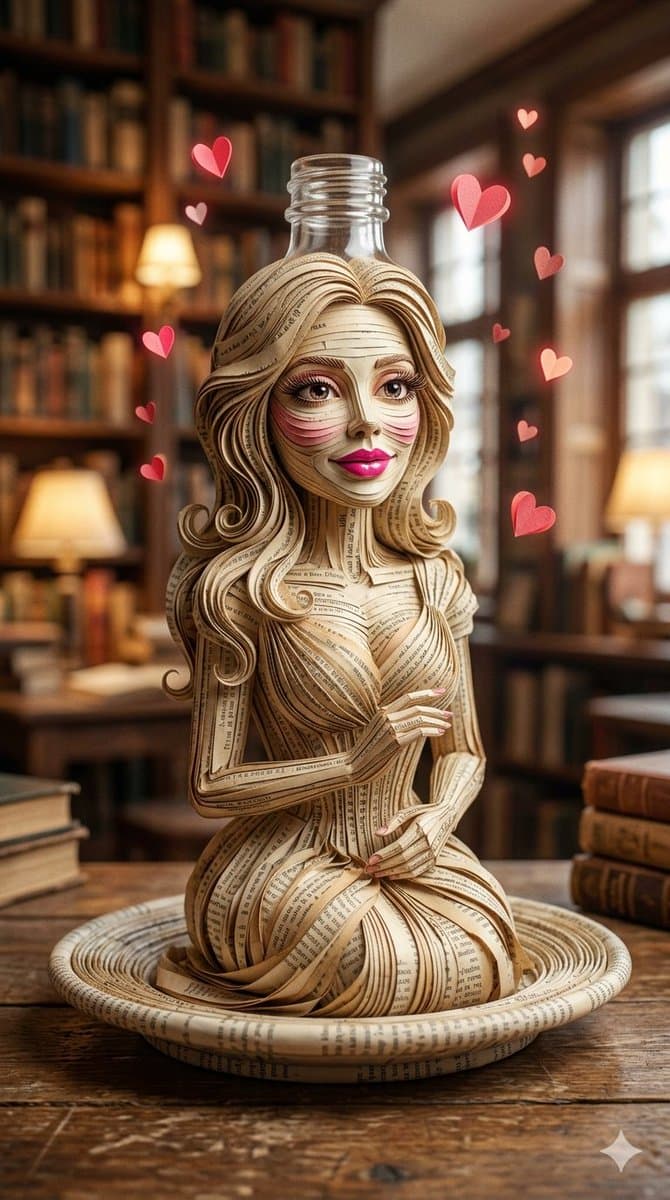 Surreal Book Page Humanoid Bottle Sculpture