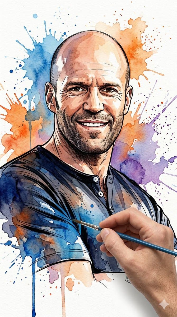 Watercolor Portrait with Dynamic Paint Splashes