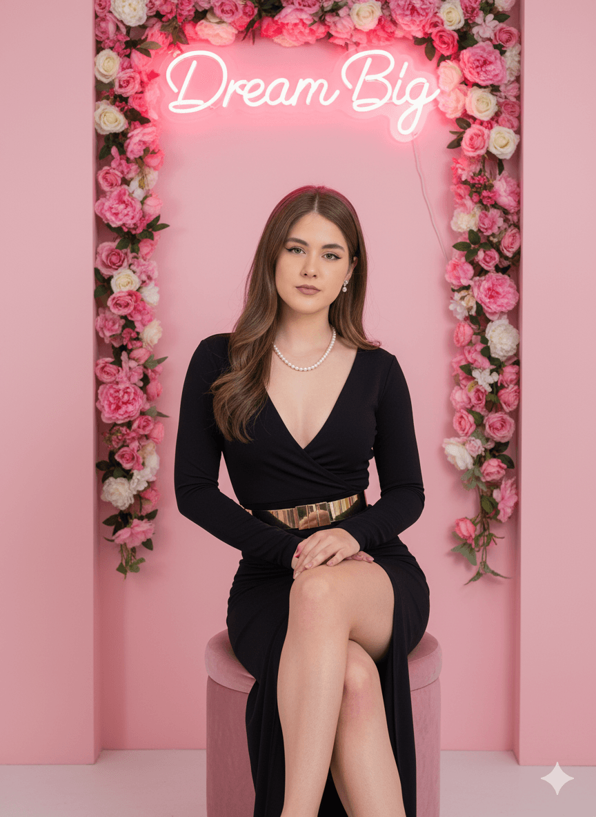 Glamorous Studio Portrait with Pink Neon and Flowers