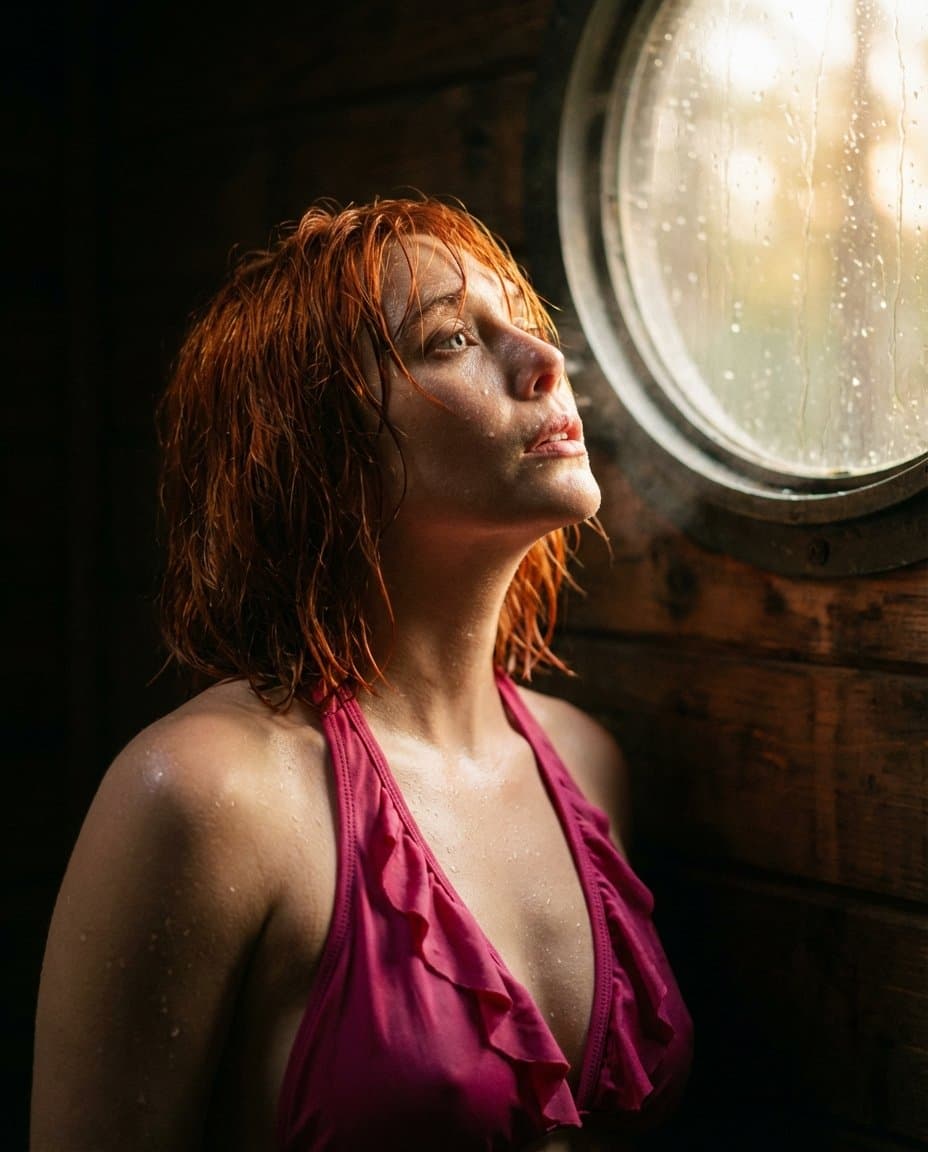 Cinematic Portrait of Woman in Wooden Cabin