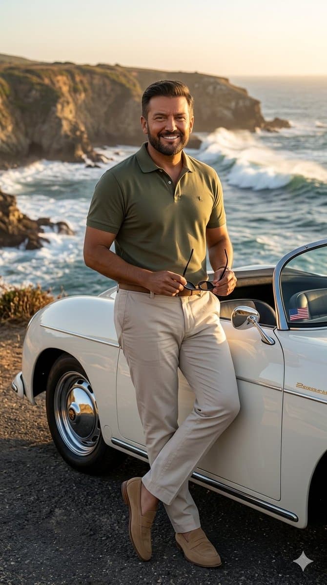 Man with Vintage Car on Coastal Road at Sunset