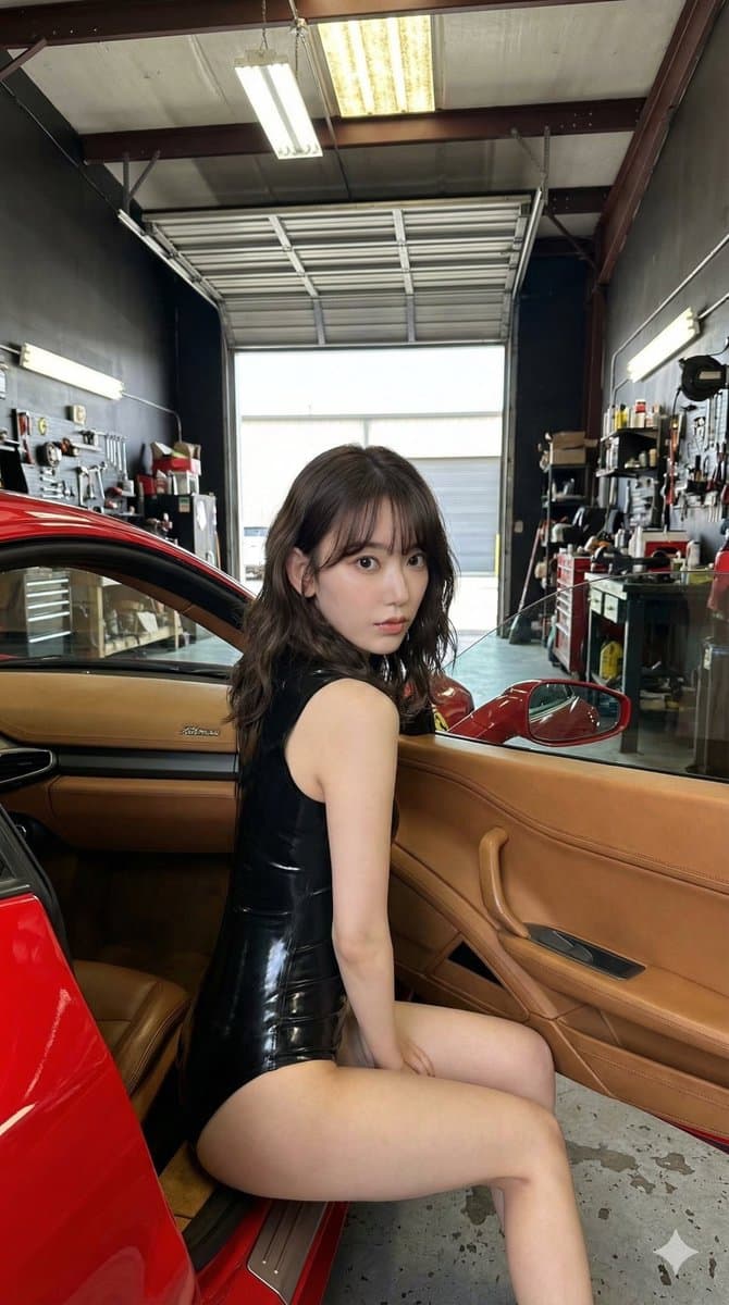 Sakura Miyawaki in a Red Sports Car Garage
