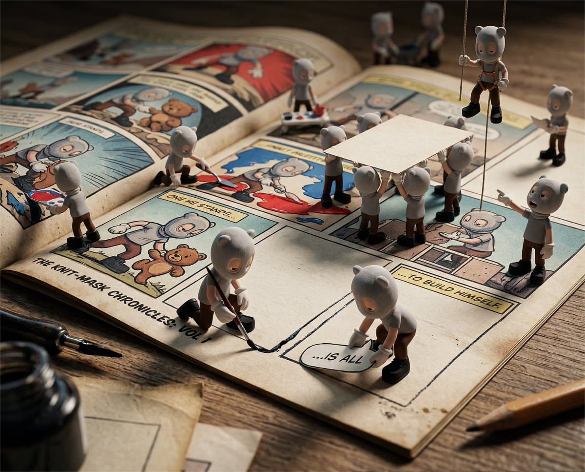 Miniature Characters Building a Comic Book Scene