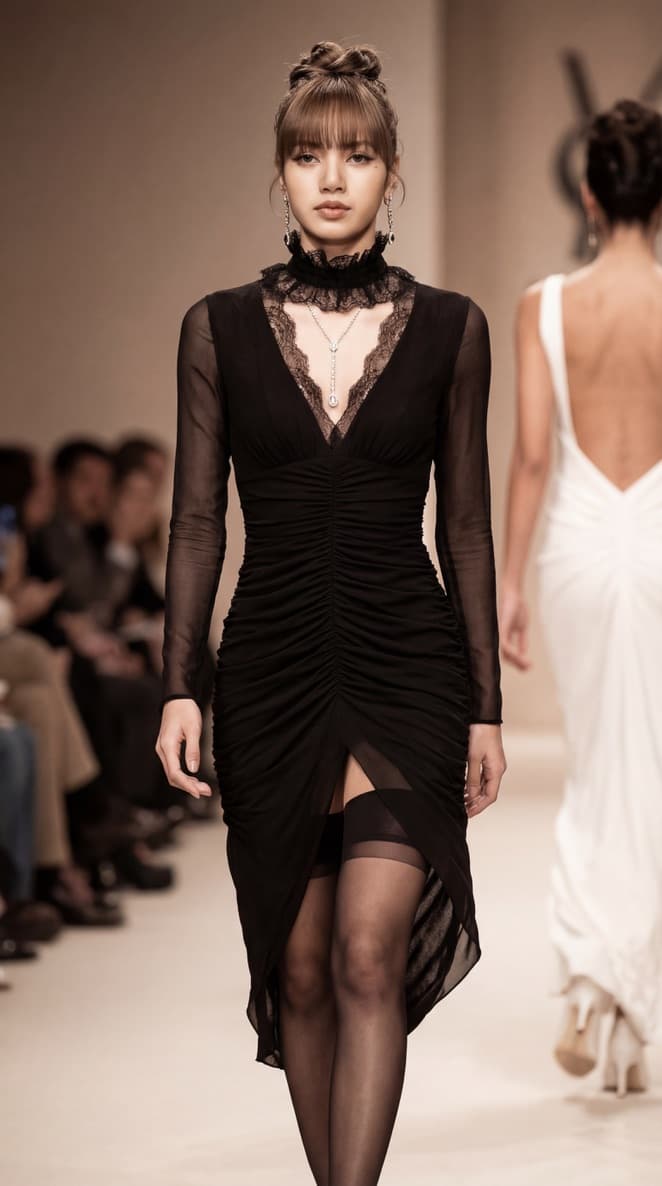 K-pop Idol Lisa on Runway in Black Lace Dress