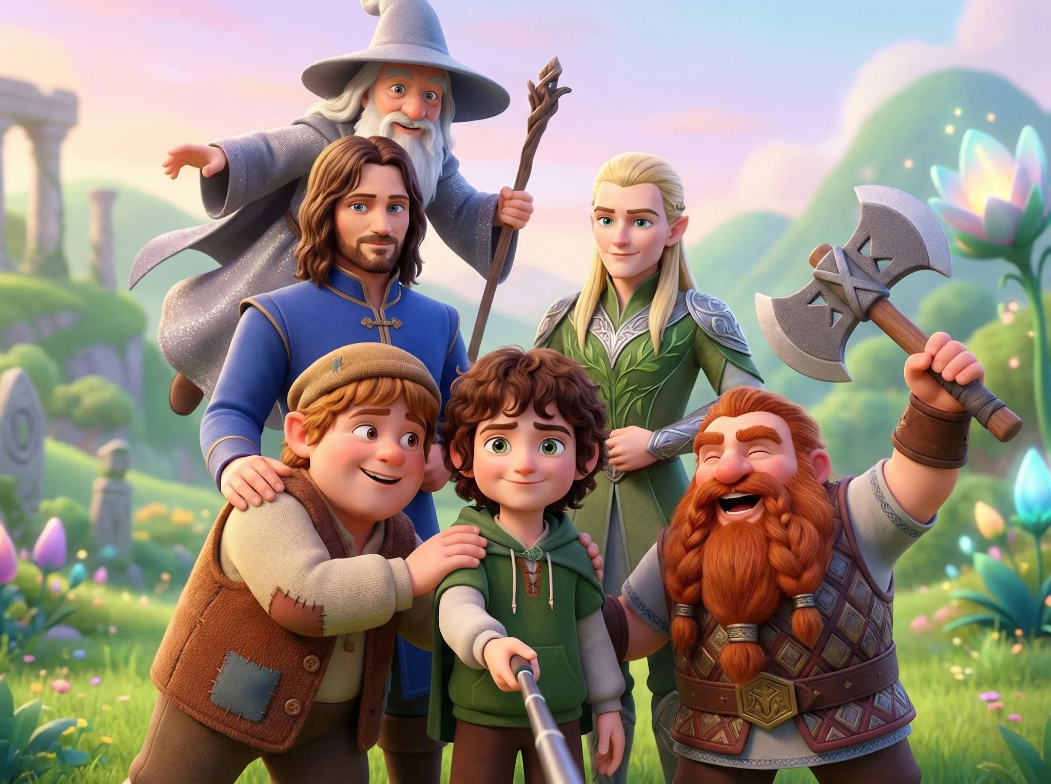 Pixar-style Lord of the Rings Group Selfie