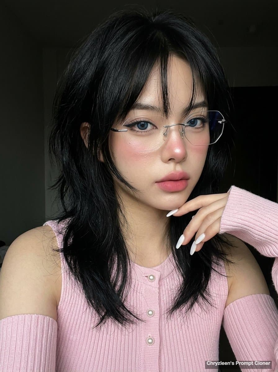 Hyper-realistic Portrait of a Young Woman with Wolf Cut