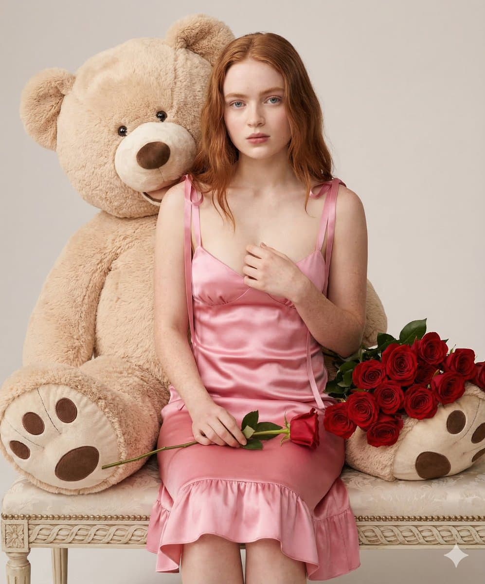 Woman in Pink Dress with Teddy Bear and Roses