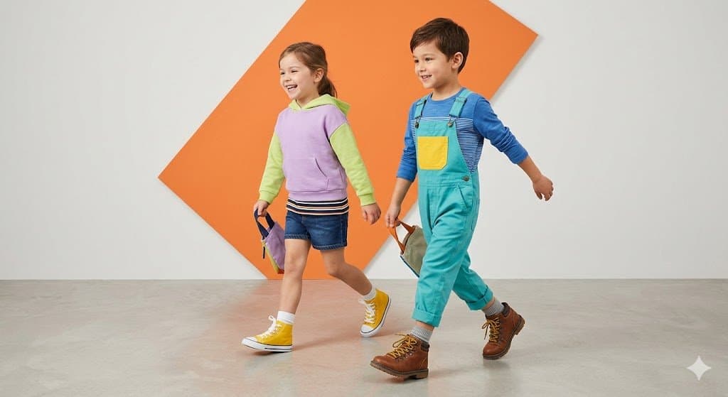 Kids' Fashion Editorial with Geometric Background