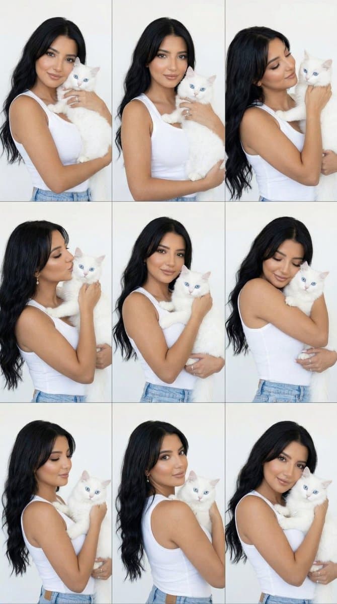 Editorial Portrait Grid with Woman and White Van Cat