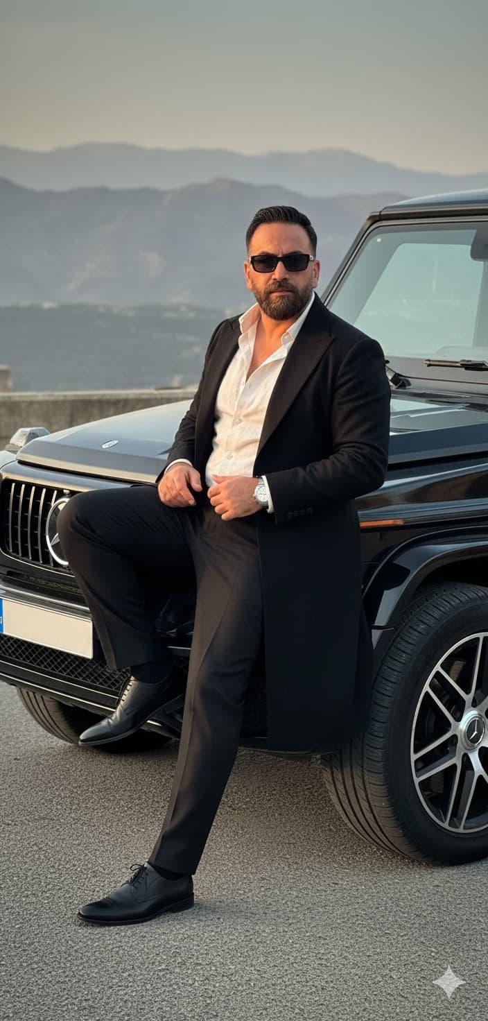 Man with Mercedes G-Wagon in Cinematic Amber Light
