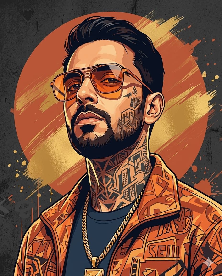 Urban Portrait with Orange Streetwear and Tattoos