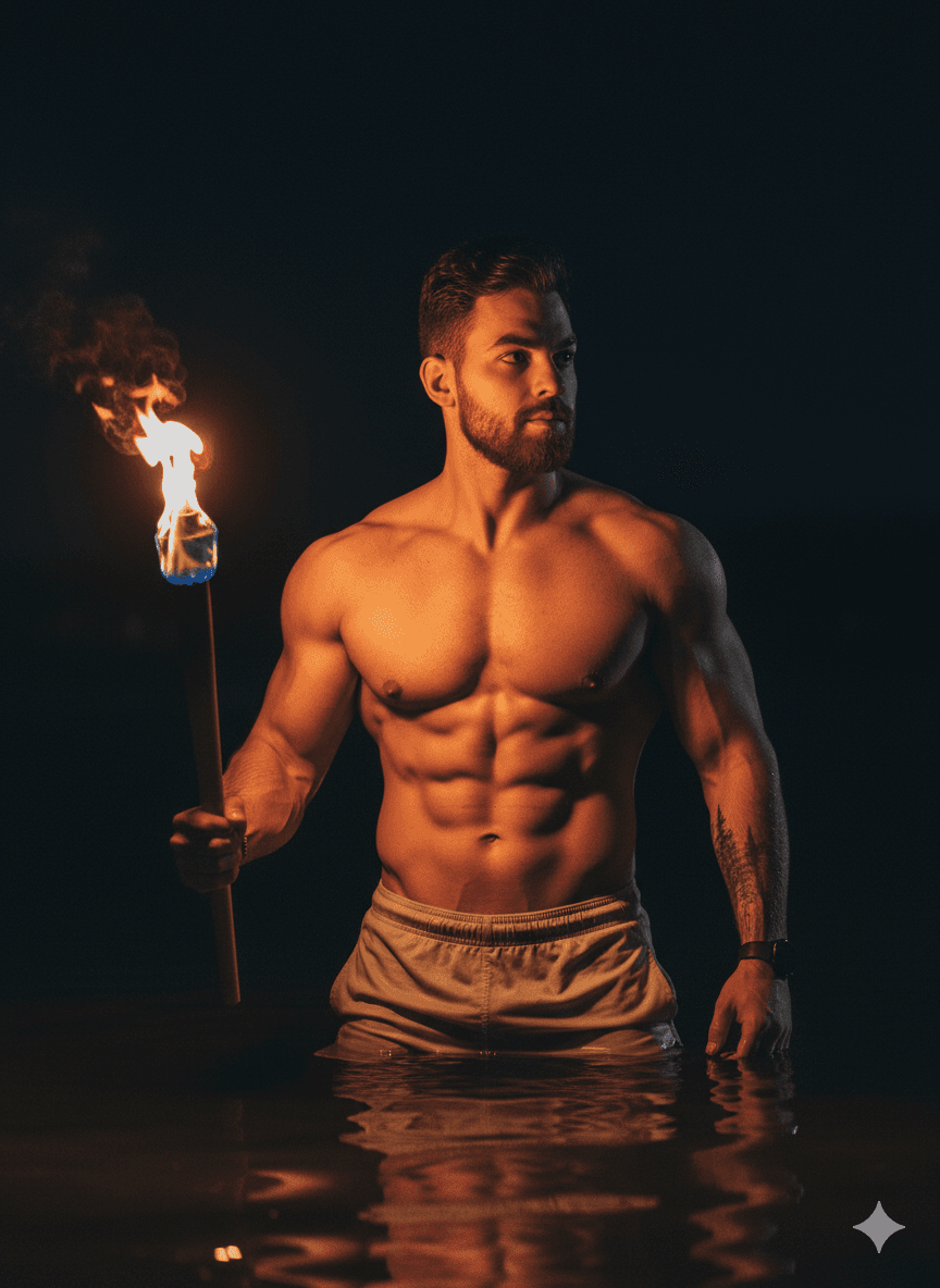 Muscular Man with Torch in Dark Water at Night
