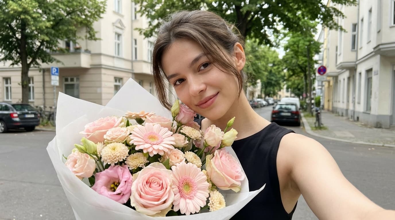 Outdoor Selfie with Pastel Flower Bouquet