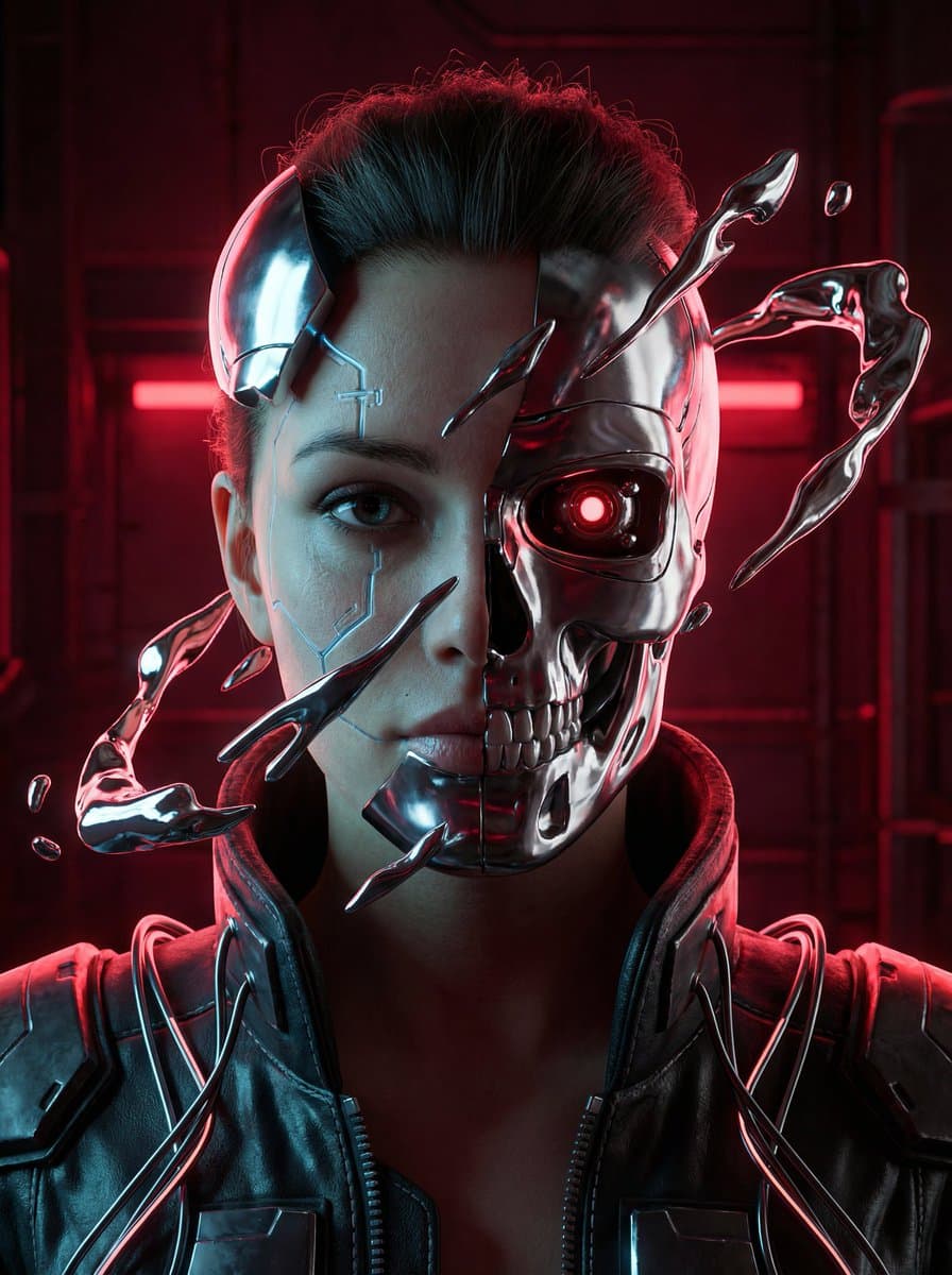 Cyberpunk Portrait: Chrome Skull, Split Face, Liquid Chrome