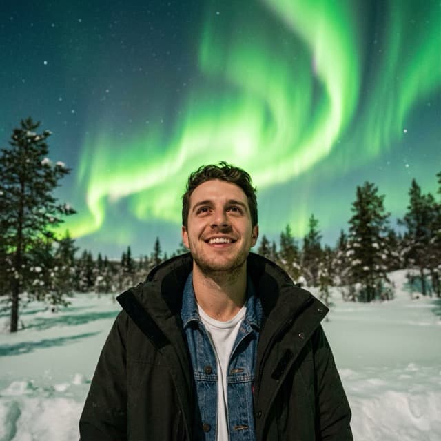 Person under Northern Lights on Snowy Ground