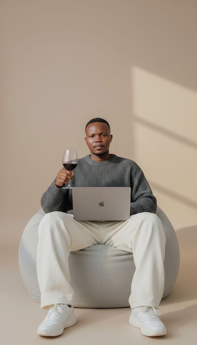 Male Model on Beanbag with MacBook and Wine