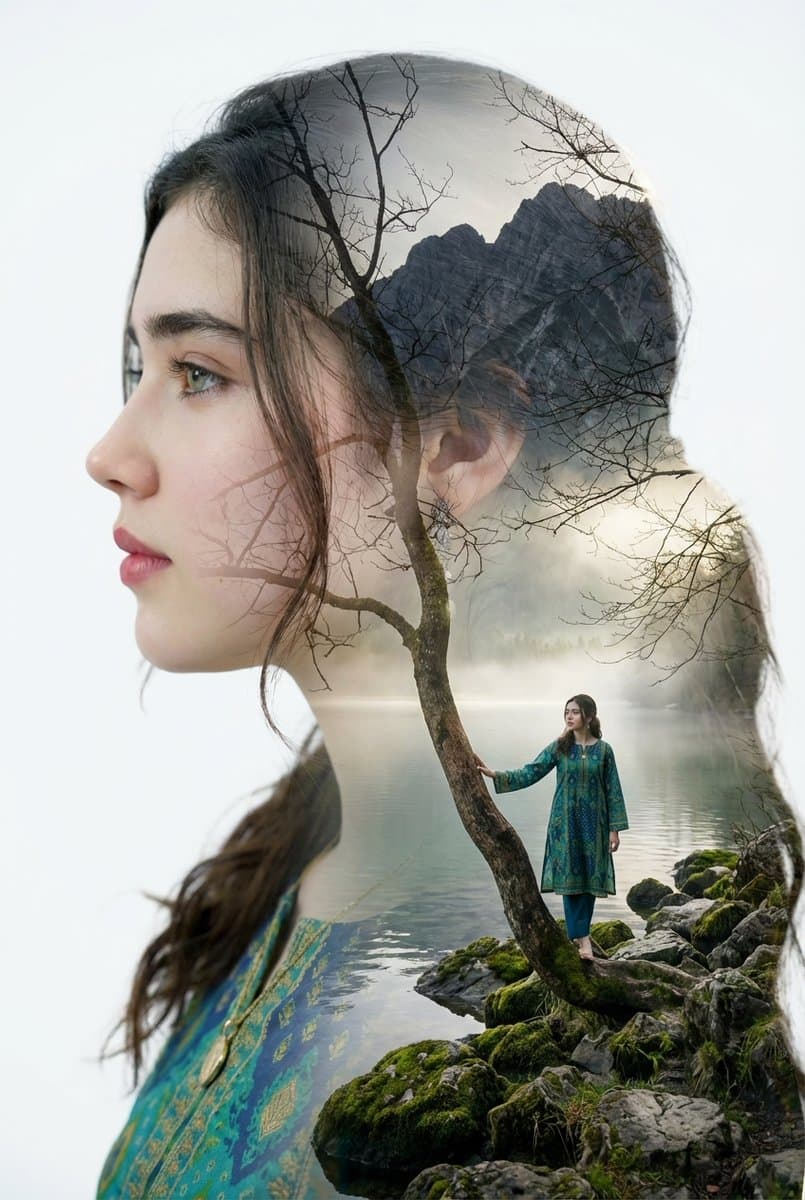 Double Exposure Portrait with Lake Landscape