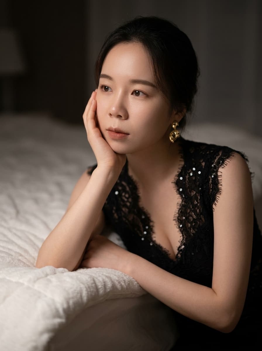Elegant East Asian Woman in Lace Top, Moody Bedroom