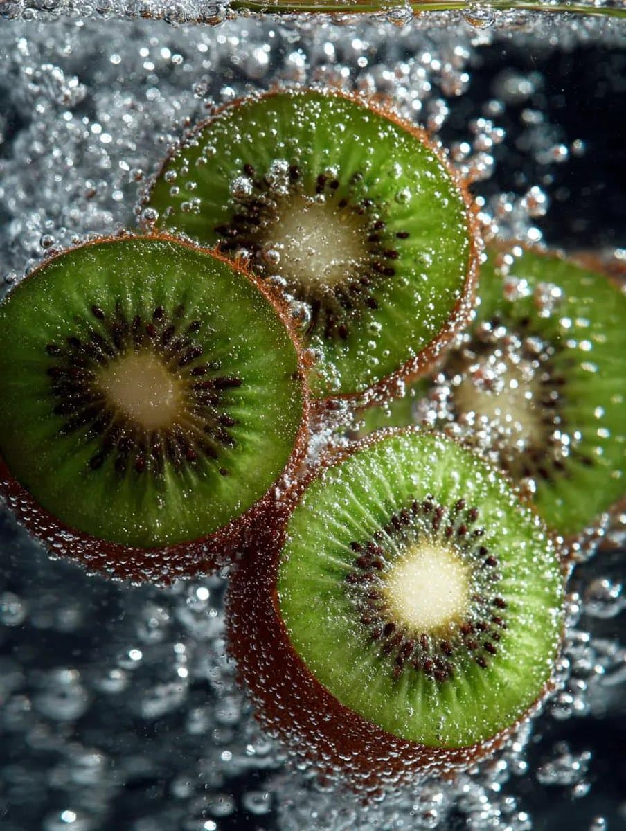 Kiwi Slices in Sparkling Water Macro Shot